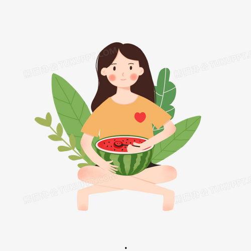 女孩吃瓜手绘,手绘描绘的甜蜜瞬间